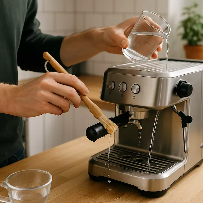 Rengöra espressomaskin med borste och vatten i kök