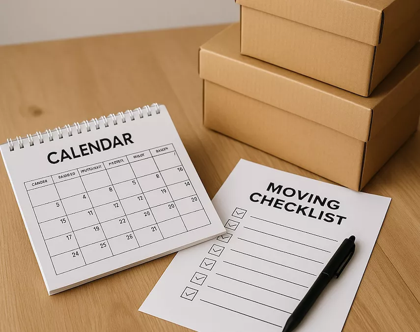 “Kalender med checklista och flyttlådor på bord – symboliserar effektiv planering inför flytt med fokus på struktur, tidsplan och smidig organisering”